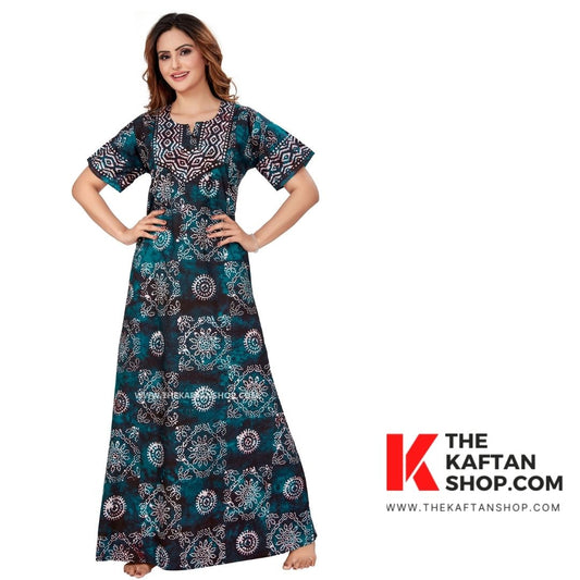 Green Block Design Hand Dyed Batik 100% Cotton Night Gown - The Kaftan Shop