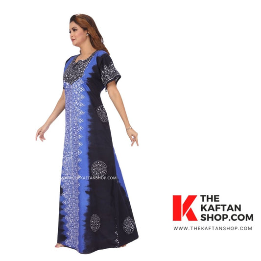 Shaded Blue and Black Hand Dyed Batik Cotton Night Gown - The Kaftan Shop