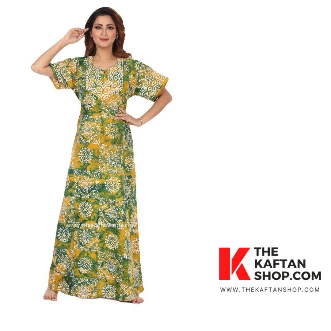 NG064 - Green & Yellow Block Design, Hand Dyed Batik, 100% Cotton Night Gown - thekaftanshop.com