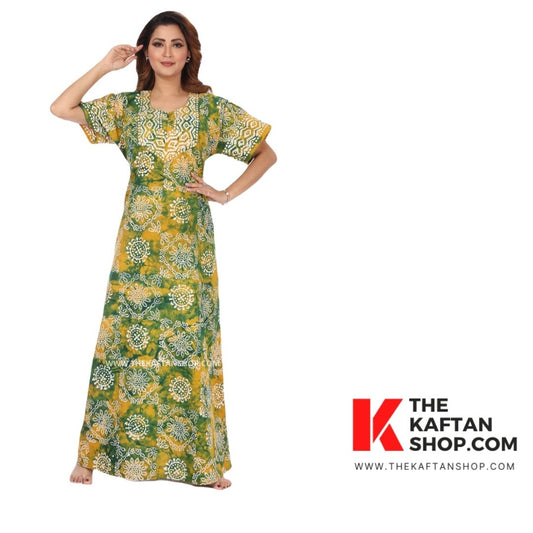 Green &amp; Yellow Block Design Batik Kaftan | 100% Cotton Nightwear