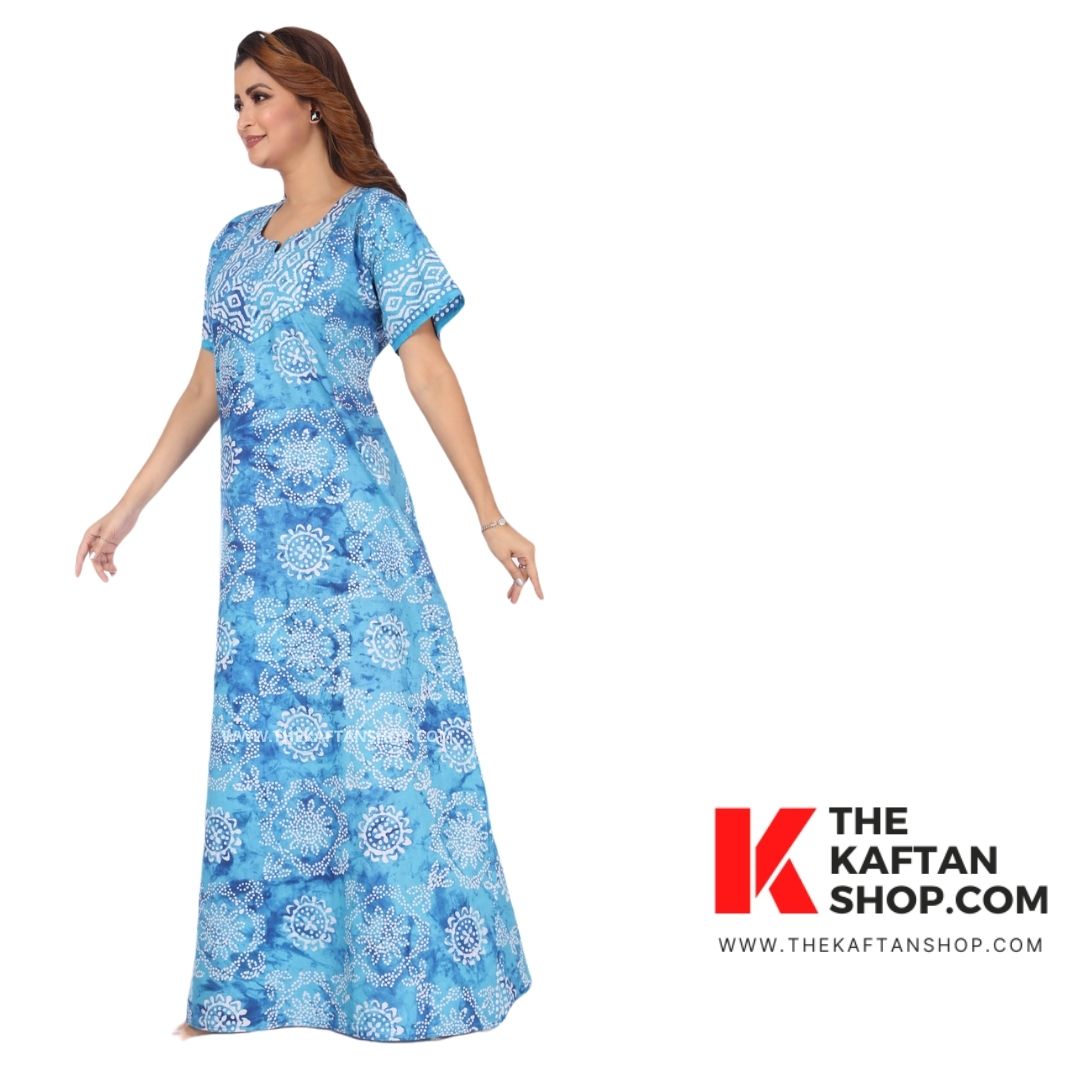 Blue Block Design Hand Dyed Batik Cotton Night Gown - The Kaftan Shop