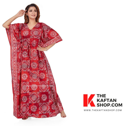 Red Orange Block Design Batik Tie-up Kaftan - 100% Cotton | The Kaftan Shop