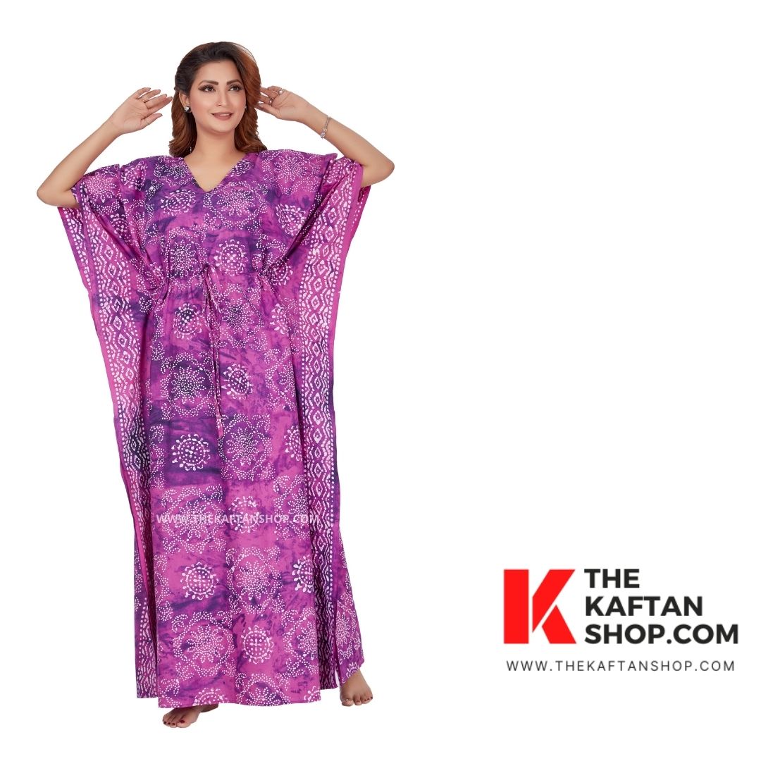 Purple Block Design Batik Tie-up Cotton Kaftan - The Kaftan Shop