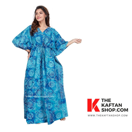 Blue Block Design Hand-Dyed Batik Tie-Up 100% Cotton Kaftan