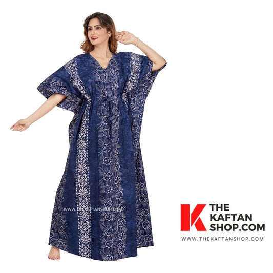 Blue Floral Hand-Dyed Batik 100% Cotton Kaftan - The Kaftan Shop