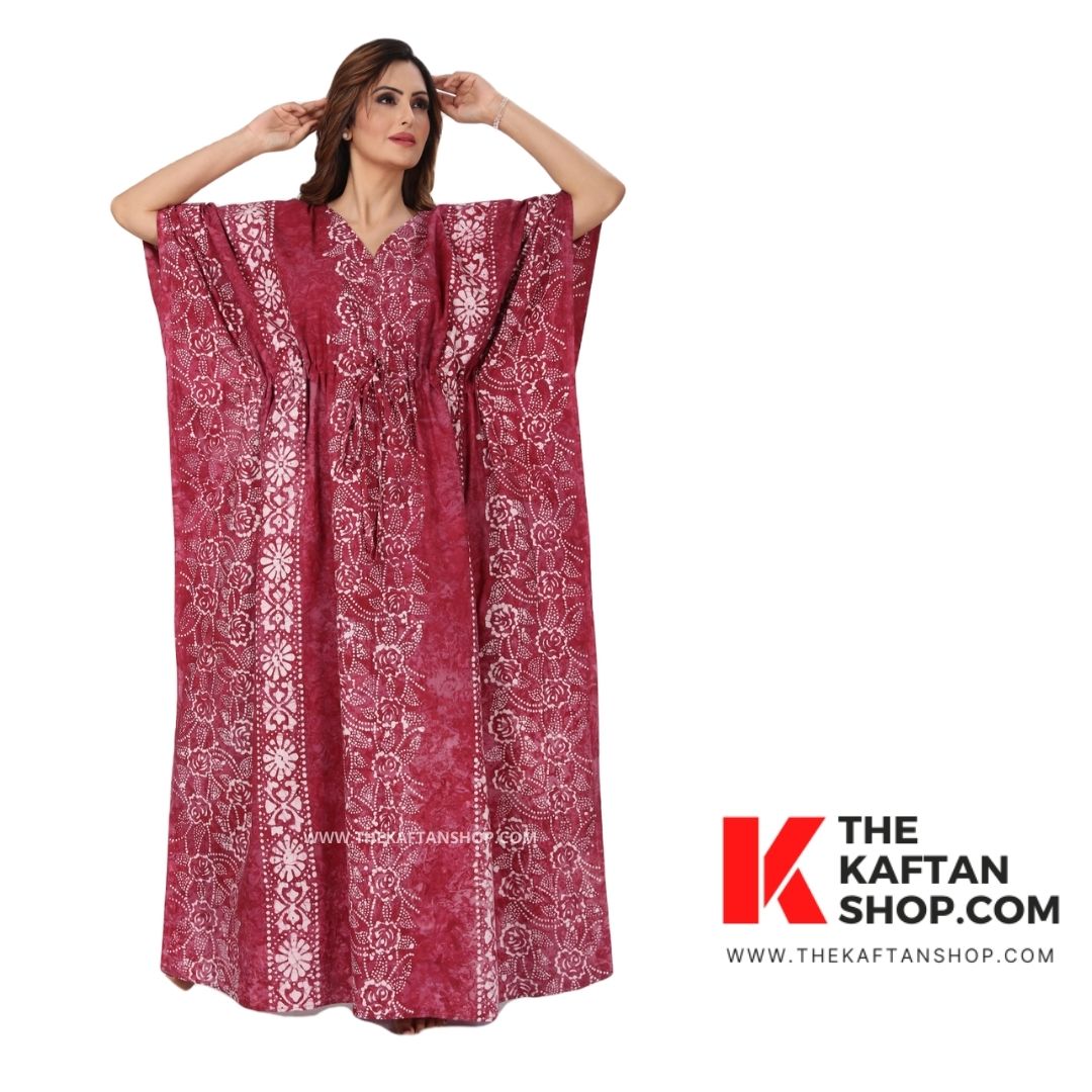 Hand Dyed Batik Kaftan - Wine Flowers, 100% Cotton | The Kaftan Shop