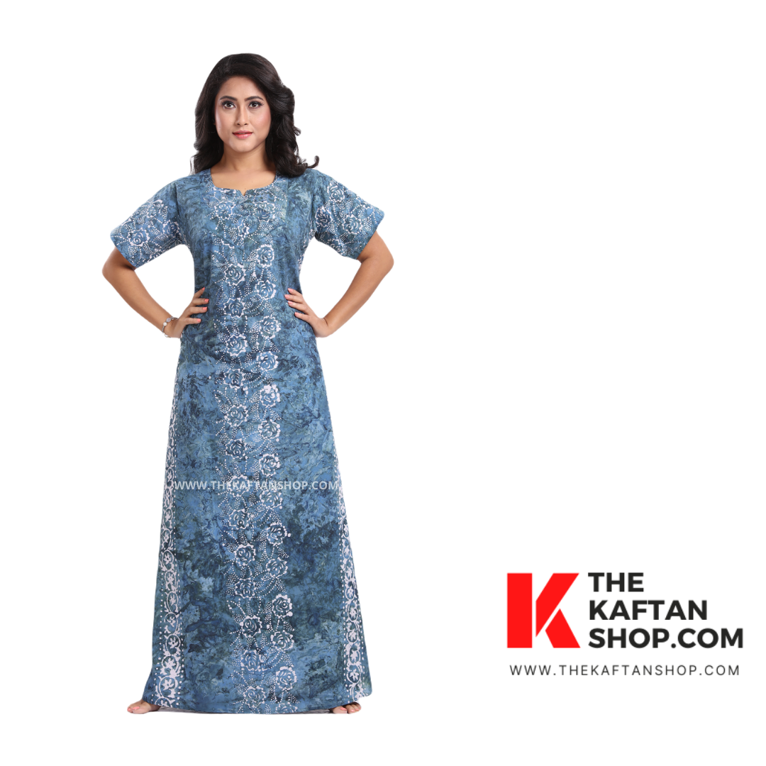 Green Flower Hand Dyed Batik 100% Cotton Night Gown - The Kaftan Shop