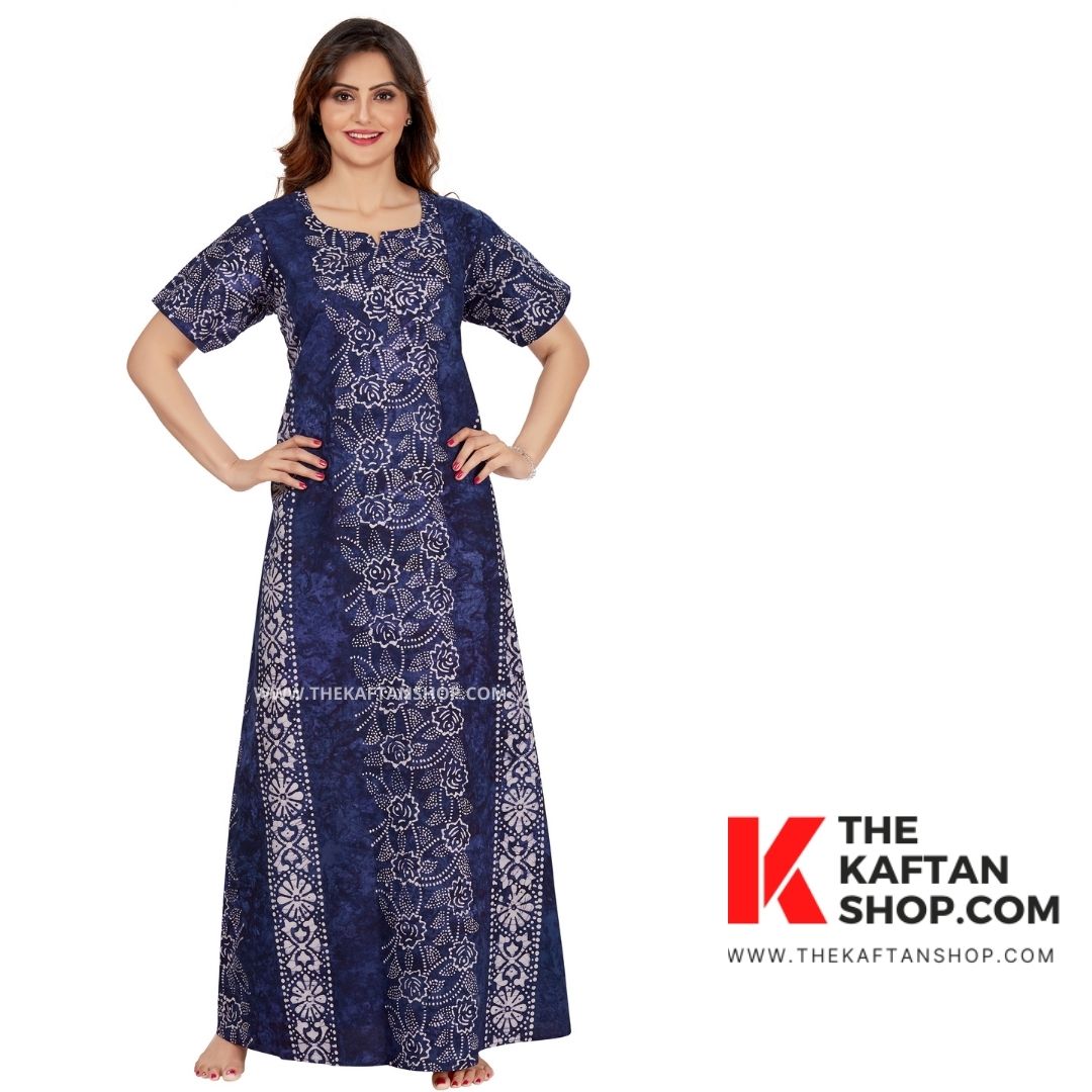 Blue Flowers Hand Dyed Batik 100% Cotton Night Gown - The Kaftan Shop