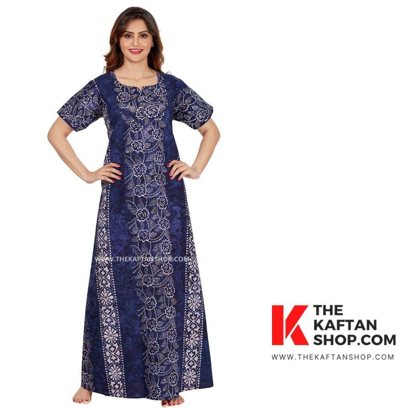 Blue Flowers, Hand Dyed Batik, 100% Cotton Night Gown - NG034