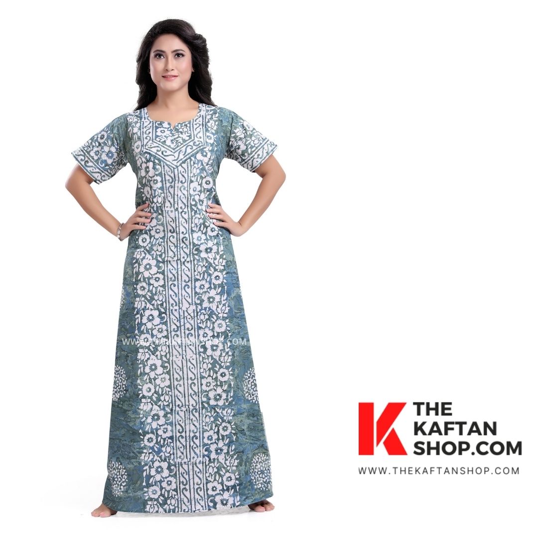 Hand Dyed Batik Green Cotton Night Gown | NG072 Nightwear - TheKaftanShop