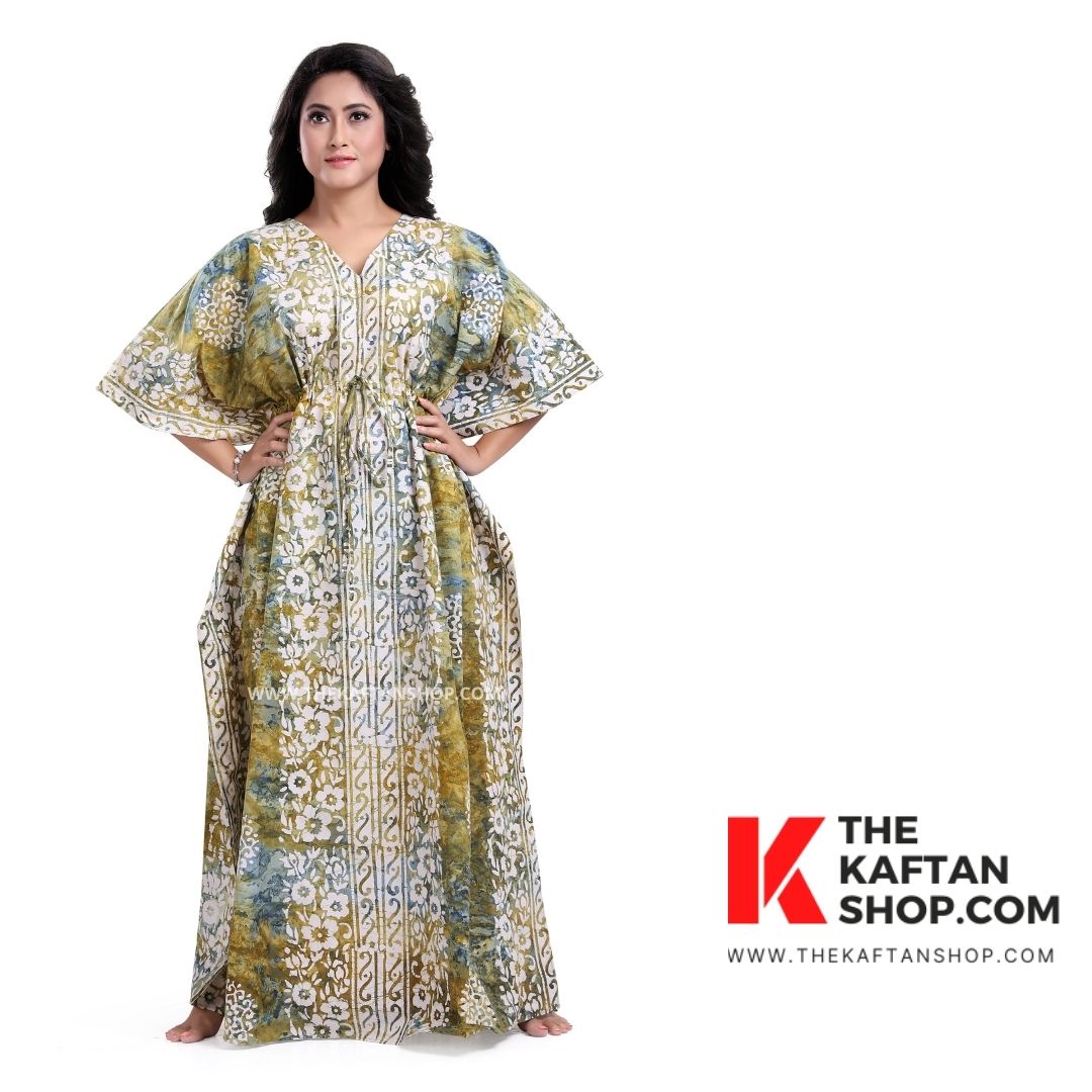 Leaf Green Hand Dyed Batik Tie-up Cotton Kaftan - The Kaftan Shop