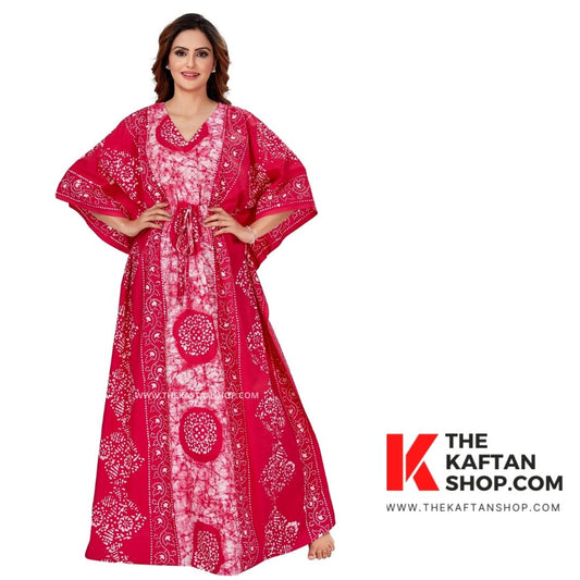 Pink and White Round Design Cotton Kaftan in Batik | The Kaftan Shop