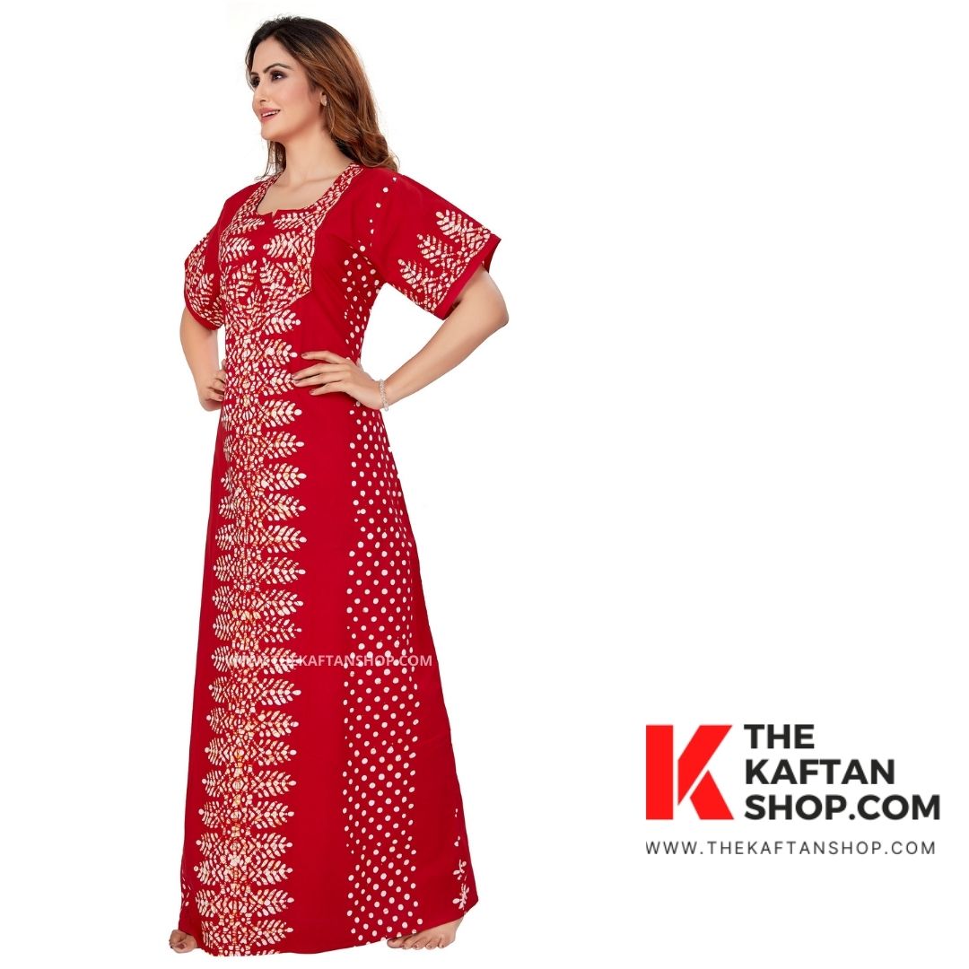 Hand Dyed Batik Night Gown - Dotted Red, 100% Cotton | The Kaftan Shop