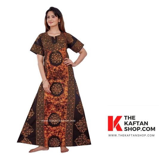NG022 - Brown Black Circles, Hand Dyed Batik, 100% Cotton Night Gown - thekaftanshop.com