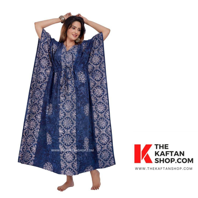 Blue Flowers, Hand Dyed Batik, 100% Cotton Kaftan - K036