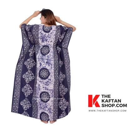 K023 - Blue White Circles, Hand Dyed Batik, 100% Cotton Kaftan - thekaftanshop.com
