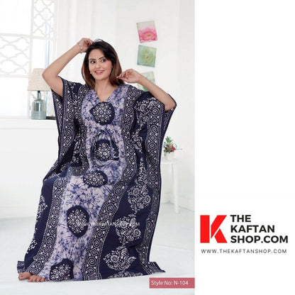 K023 - Blue White Circles, Hand Dyed Batik, 100% Cotton Kaftan - thekaftanshop.com