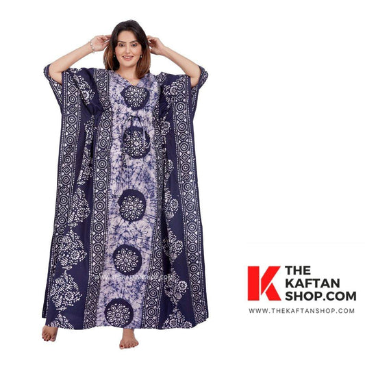 K023 - Blue White Circles, Hand Dyed Batik, 100% Cotton Kaftan - thekaftanshop.com