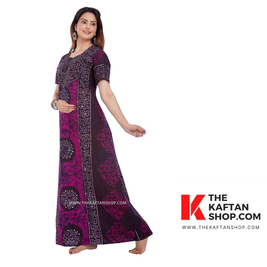 NG020 - Pink Black Circles, Hand Dyed Batik, 100% Cotton Night Gown - thekaftanshop.com