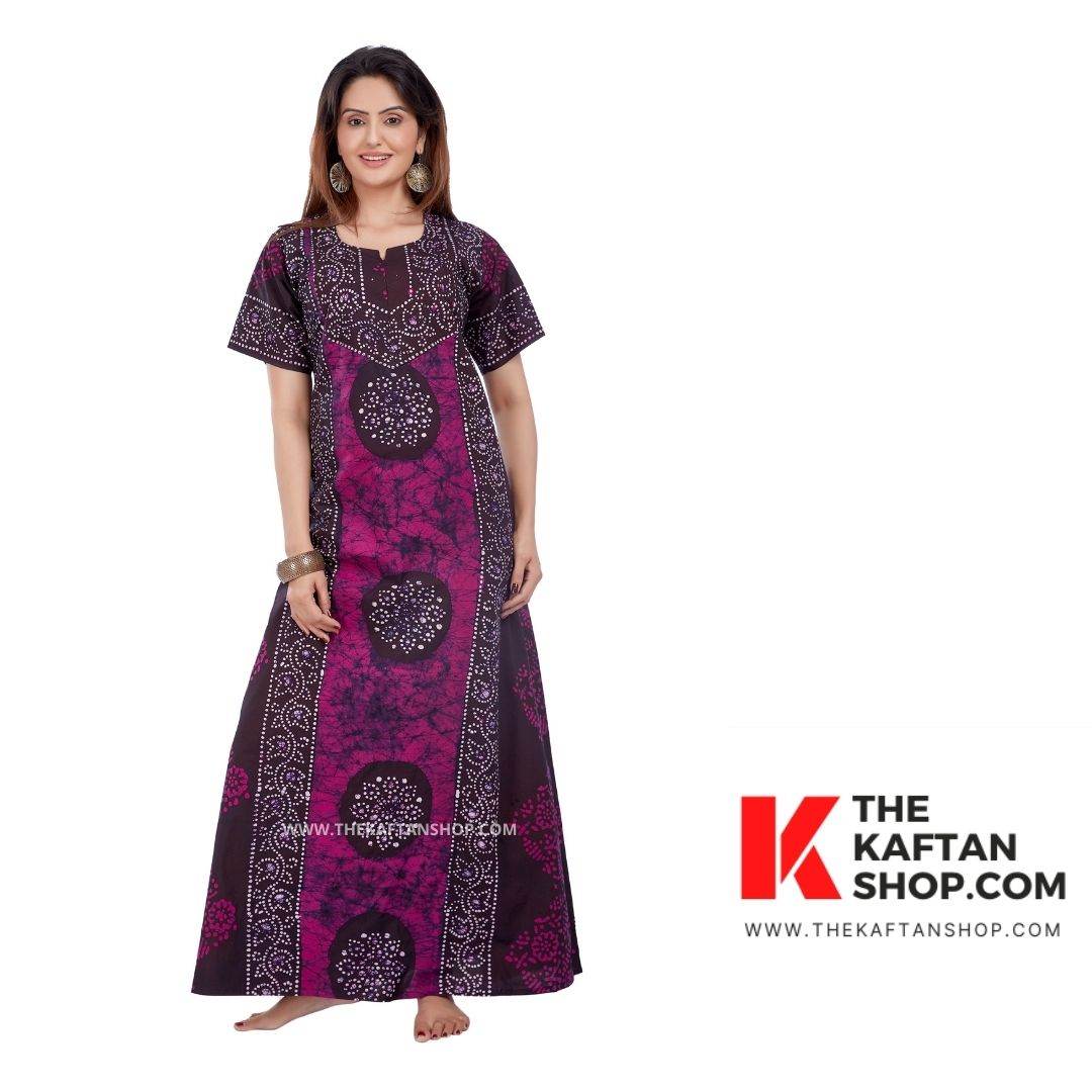 NG020 - Pink Black Circles, Hand Dyed Batik, 100% Cotton Night Gown - thekaftanshop.com